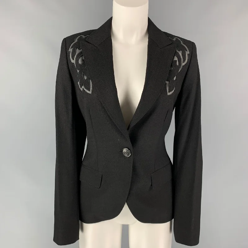 ESCADA Size 6 Black Viscose Blend Embroidered Cut Out Jacket Blazer Hoodie Zip-Up Jacket Button-Up Jacket ESCADA Size 6 Black Viscose Blend Embroidered Cut Out Jacket Blazer Hoodie Zip-Up Jacket Button-Up Jacket