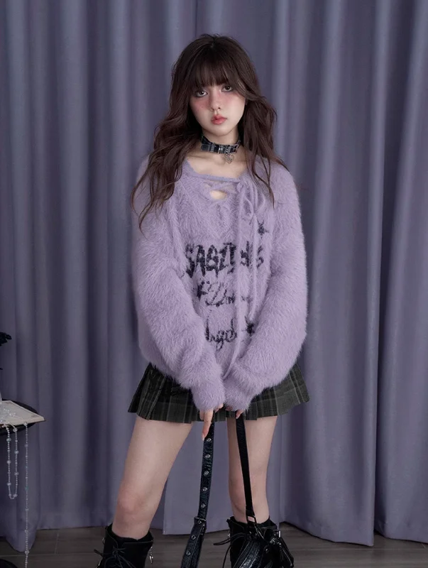 Fluffy Purple Rabbit V-neck Imitation Mink Loose Sweater SAG0198 Elasticated Padded Insulated Fluffy Purple Rabbit V-neck Imitation Mink Loose Sweater SAG0198 Elasticated Padded Insulated