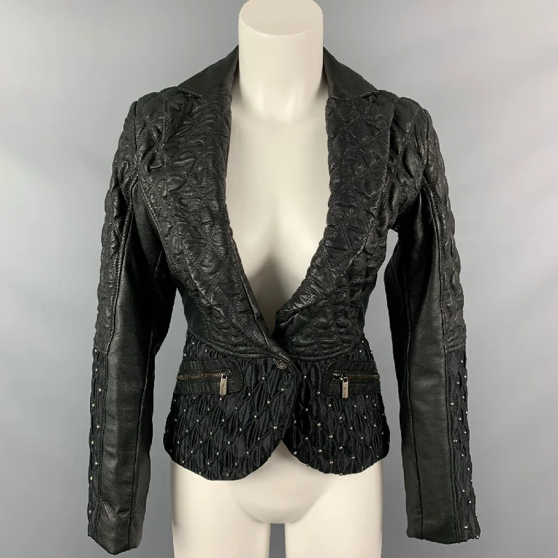 JUST CAVALLI Size 4 Black Studded Acetate / Viscose Quilted Notch Lapel Jacket One-Shoulder Jacket Off-the-Shoulder Jacket Asymmetrical Jacket JUST CAVALLI Size 4 Black Studded Acetate / Viscose Quilted Notch Lapel Jacket One-Shoulder Jacket Off-the-Shoulder Jacket Asymmetrical Jacket