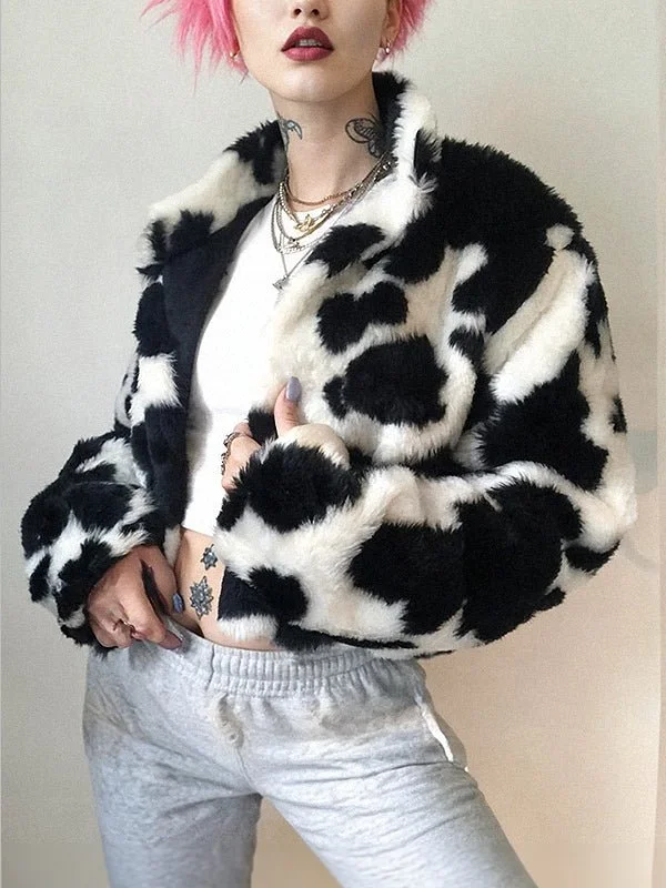 Fashion Cow Print Faux Fur Jacket - Punk Style Crop Coats Snapped Jacket Toggled Jacket Drawstring Jacket Fashion Cow Print Faux Fur Jacket - Punk Style Crop Coats Snapped Jacket Toggled Jacket Drawstring Jacket