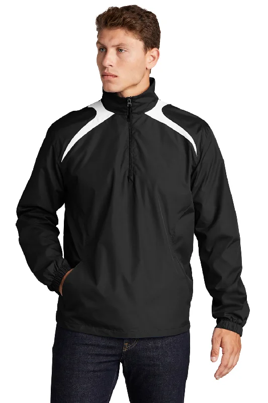 Sport-Tek Mens Water Resistant 1/4 Zip Wind Jacket - Black/White Zippered Front Buttoned Front Snap Front Sport-Tek Mens Water Resistant 1/4 Zip Wind Jacket - Black/White Zippered Front Buttoned Front Snap Front