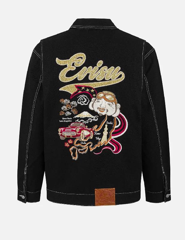Godhead and Map Appliqué Embroidery Fashion Fit Worker Denim Jacket Notch Collar Jacket Peter Pan Collar Jacket Cowl Neck Jacket Godhead and Map Appliqué Embroidery Fashion Fit Worker Denim Jacket Notch Collar Jacket Peter Pan Collar Jacket Cowl Neck Jacket