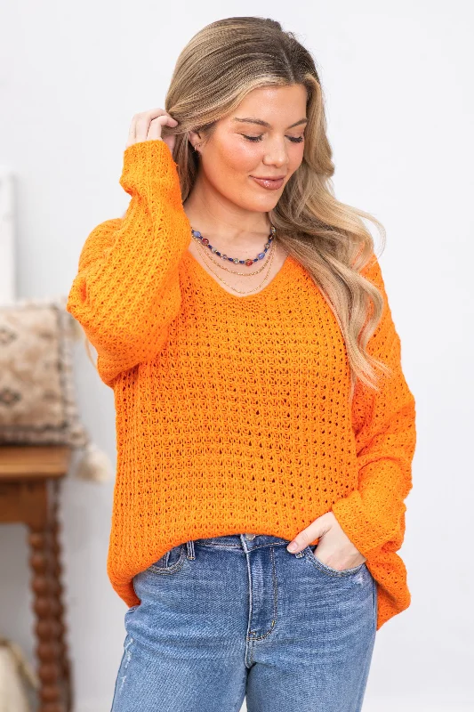 Orange Knitted V-Neck Sweater Spandex Blend Rayon Blend Denim Blend