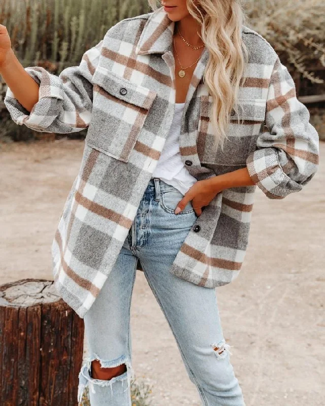 2022 Latest Winter Plaid Patchwork Coat Casual Women Jacket Oversize Polyester Loose Women Clothing A-Line Jacket Boat Neck Shawl Collar 2022 Latest Winter Plaid Patchwork Coat Casual Women Jacket Oversize Polyester Loose Women Clothing A-Line Jacket Boat Neck Shawl Collar