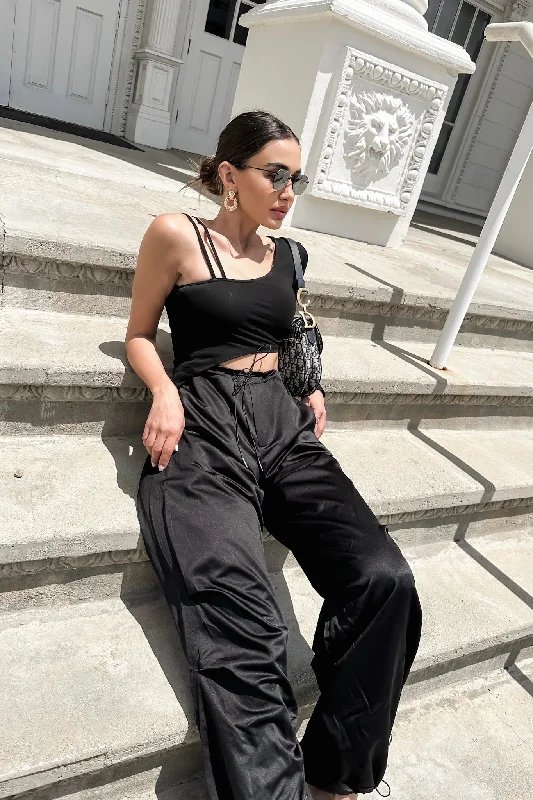 Alora Satin Parachute Pants - Black