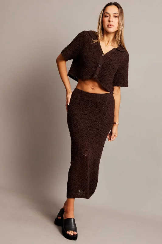 Brown Knit Skirt Midi Crochet