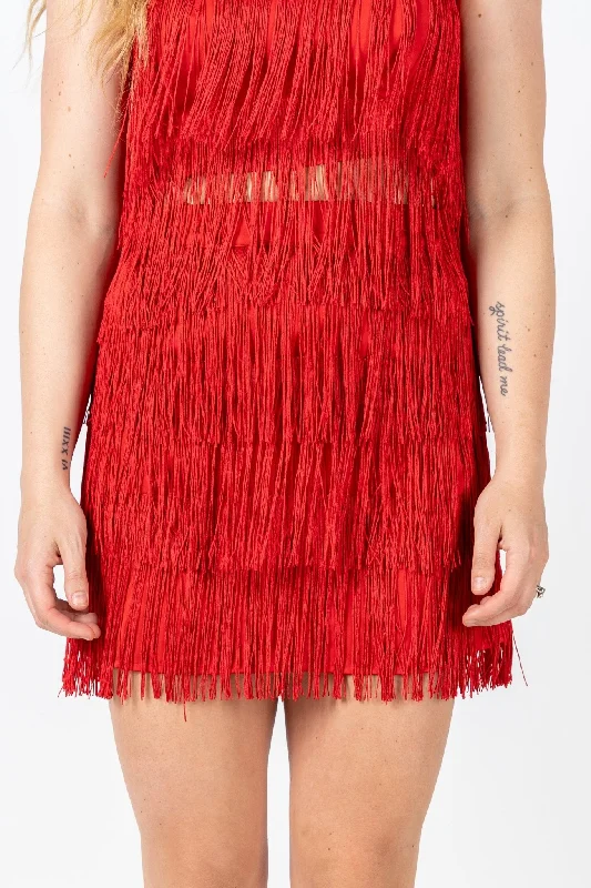 Fringe satin mini skirt crimson