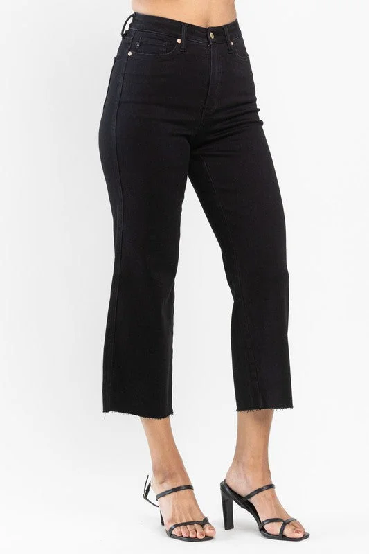 Judy Blue Tummy Control Black Wide Leg Cropped Jeans in Curvy