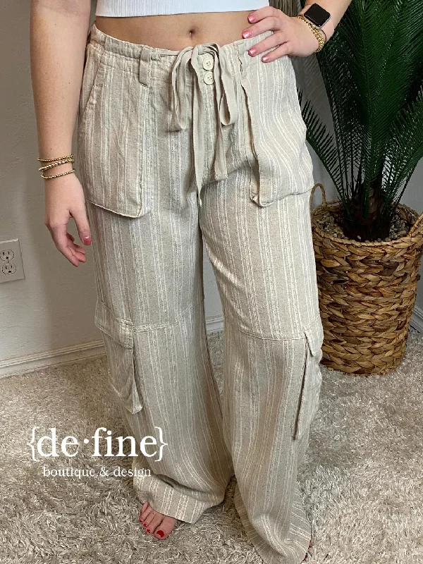 Natural Striped Cargo Pants with Drawstring Waist