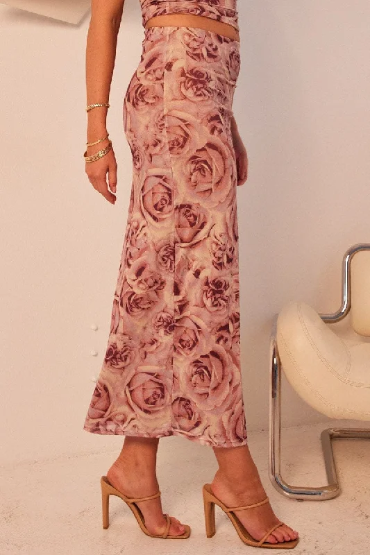 Pink Floral Midi Skirt High Rise Mesh