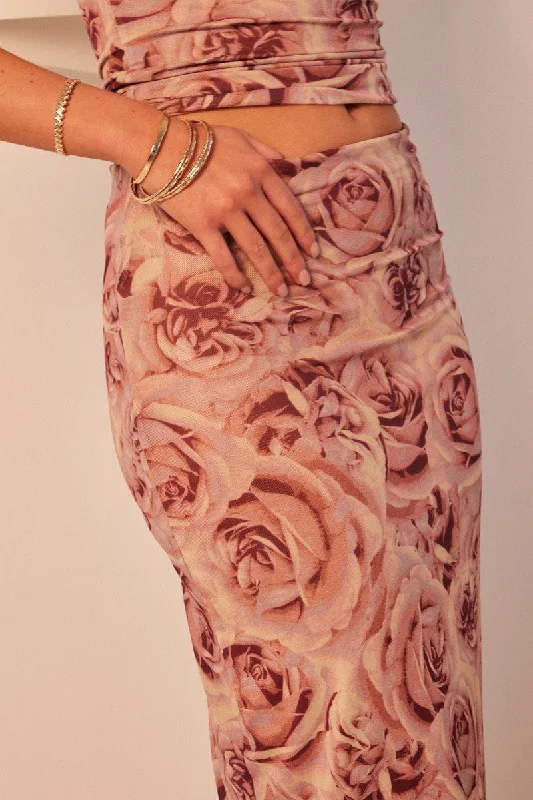 Pink Floral Midi Skirt High Rise Mesh