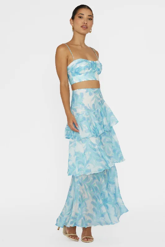 Veda Tiered Ruffle Maxi Skirt Floral Blue