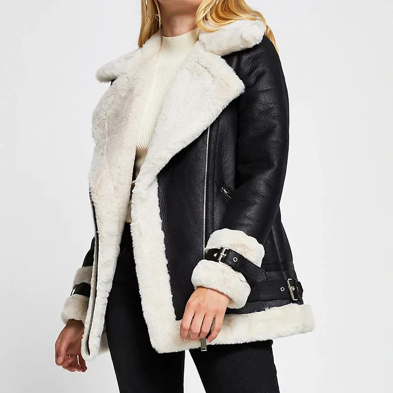 FZ Women's Thick Coat Pu Faux Soft Leather Black White Sheepskin Fur Jacket